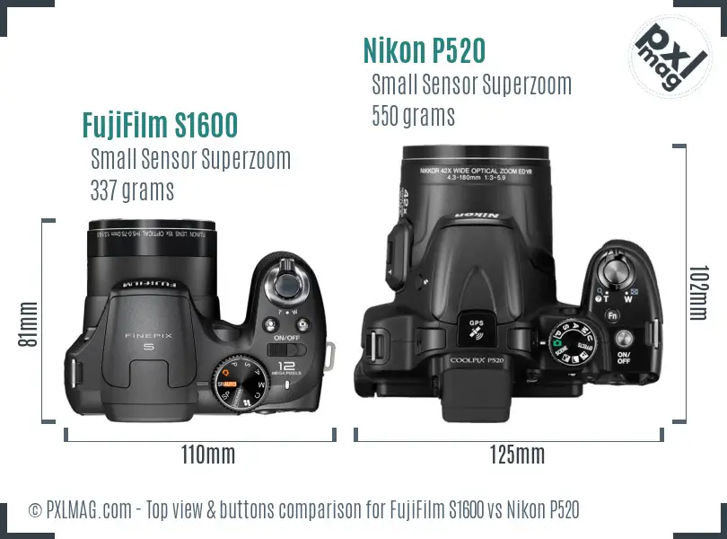 FujiFilm S1600 vs Nikon P520 top view buttons comparison