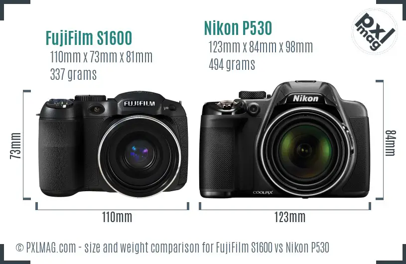 FujiFilm S1600 vs Nikon P530 size comparison FujiFilm S1600 vs Nikon P530 size comparison