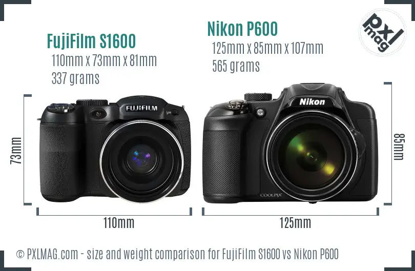 FujiFilm S1600 vs Nikon P600 size comparison FujiFilm S1600 vs Nikon P600 size comparison