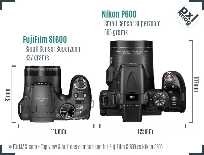 FujiFilm S1600 vs Nikon P600 top view buttons comparison FujiFilm S1600 vs Nikon P600 top view buttons comparison