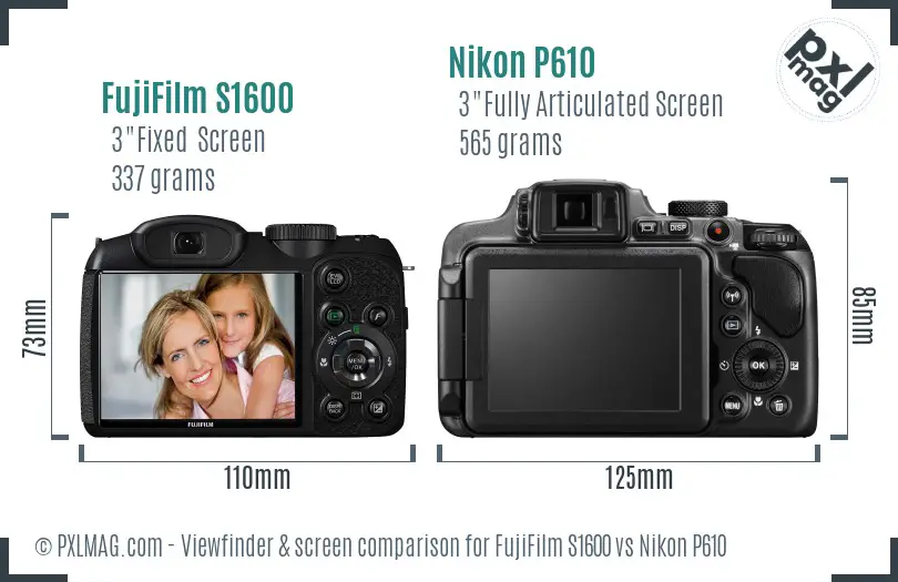 FujiFilm S1600 vs Nikon P610 Screen and Viewfinder comparison