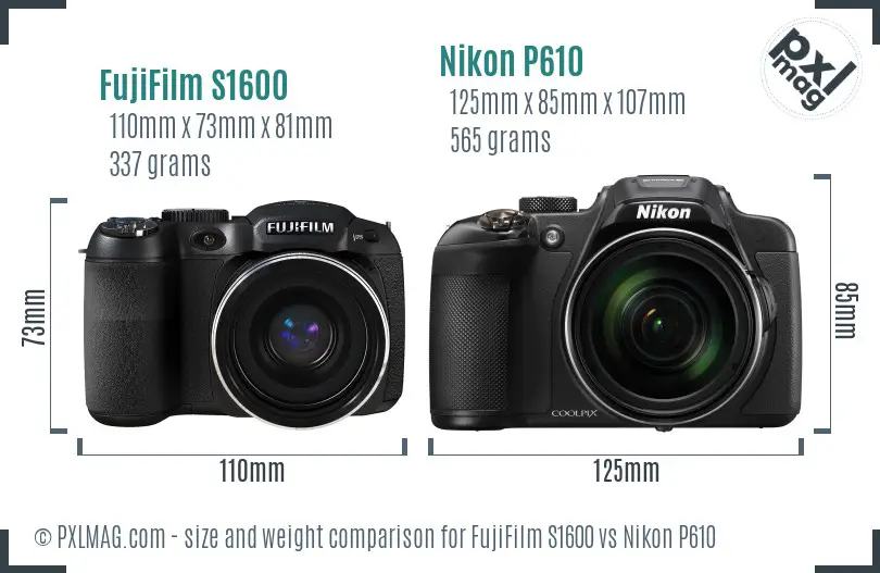 FujiFilm S1600 vs Nikon P610 size comparison