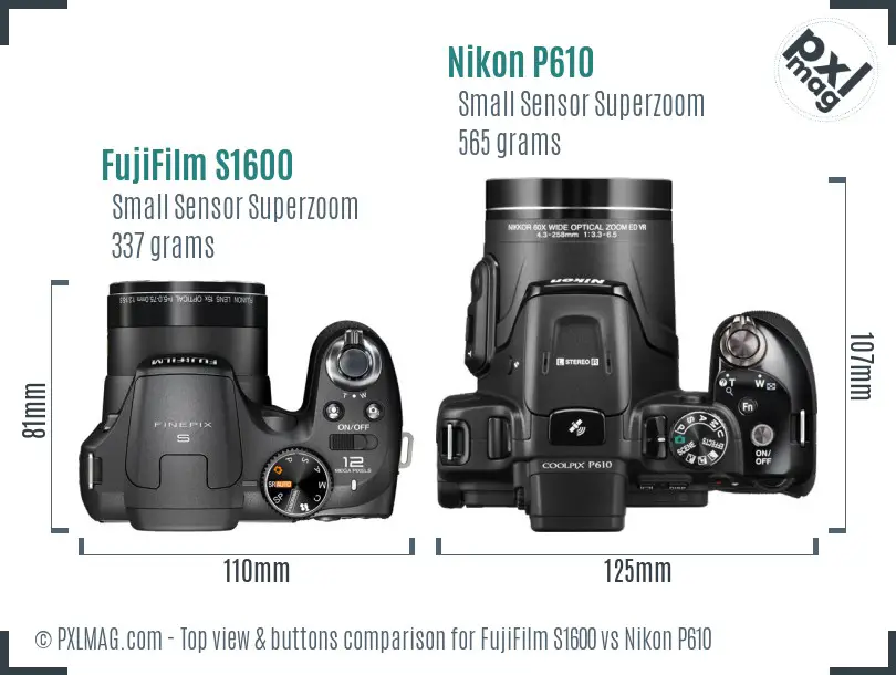 FujiFilm S1600 vs Nikon P610 top view buttons comparison