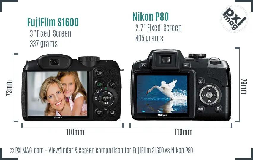 FujiFilm S1600 vs Nikon P80 Screen and Viewfinder comparison