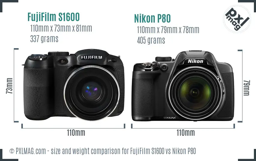 FujiFilm S1600 vs Nikon P80 size comparison