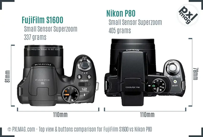 FujiFilm S1600 vs Nikon P80 top view buttons comparison