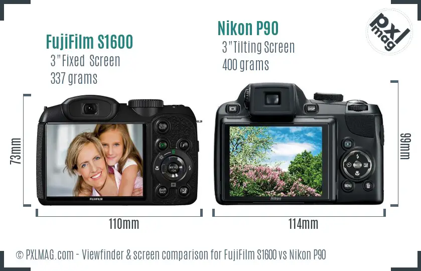 FujiFilm S1600 vs Nikon P90 Screen and Viewfinder comparison