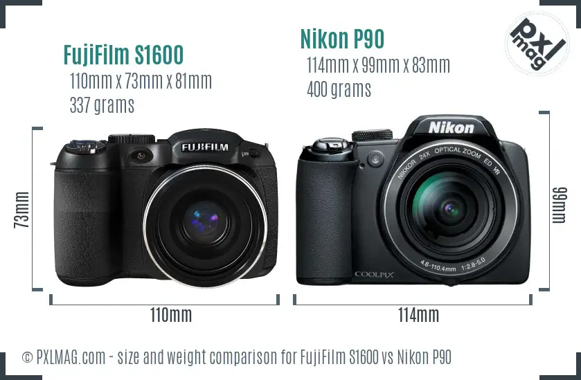 FujiFilm S1600 vs Nikon P90 size comparison