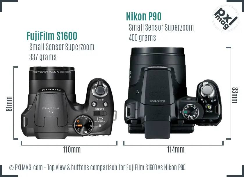 FujiFilm S1600 vs Nikon P90 top view buttons comparison