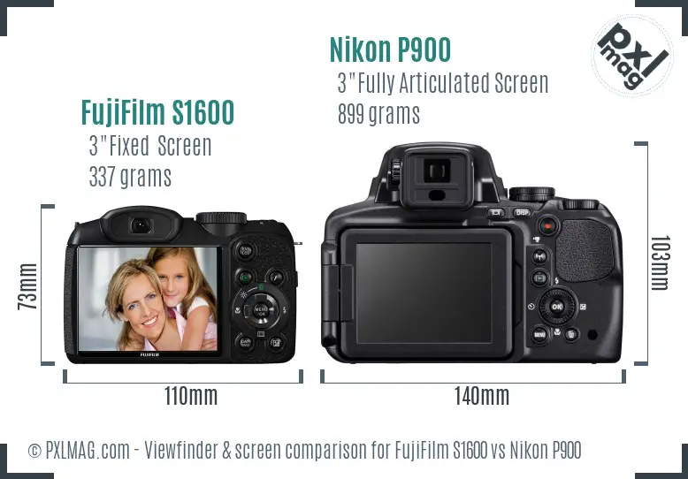 FujiFilm S1600 vs Nikon P900 Screen and Viewfinder comparison