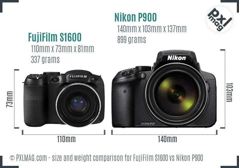 FujiFilm S1600 vs Nikon P900 size comparison