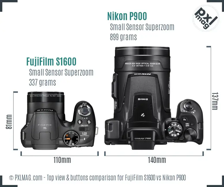 FujiFilm S1600 vs Nikon P900 top view buttons comparison