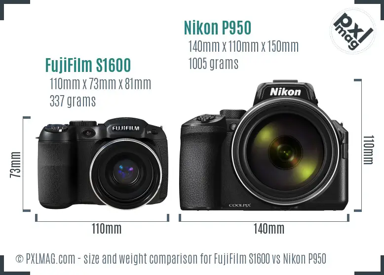 FujiFilm S1600 vs Nikon P950 size comparison