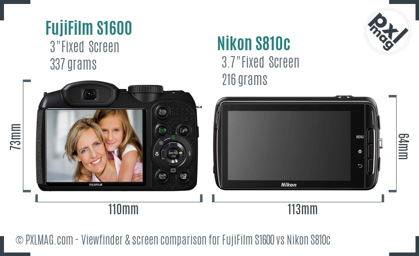 FujiFilm S1600 vs Nikon S810c Screen and Viewfinder comparison