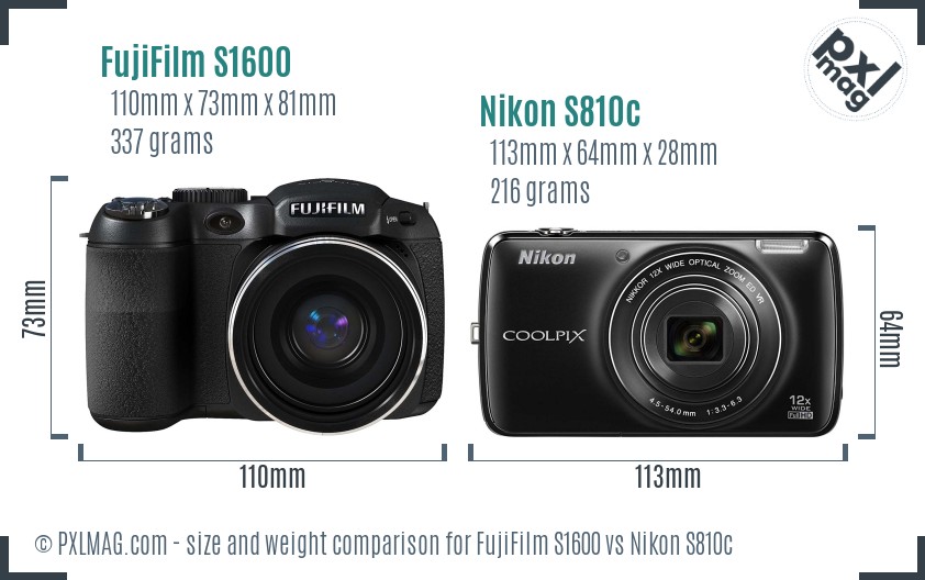 FujiFilm S1600 vs Nikon S810c size comparison