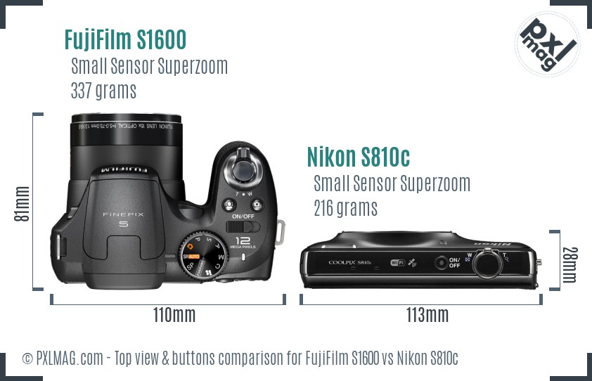 FujiFilm S1600 vs Nikon S810c top view buttons comparison