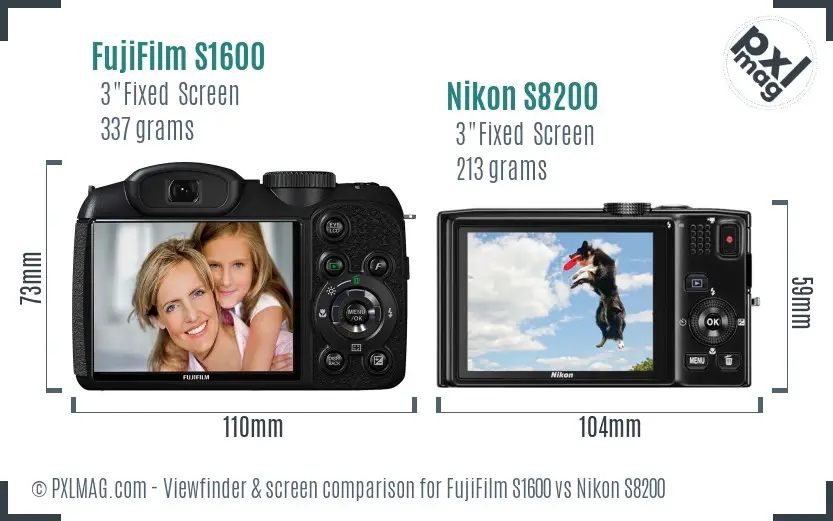 FujiFilm S1600 vs Nikon S8200 Screen and Viewfinder comparison