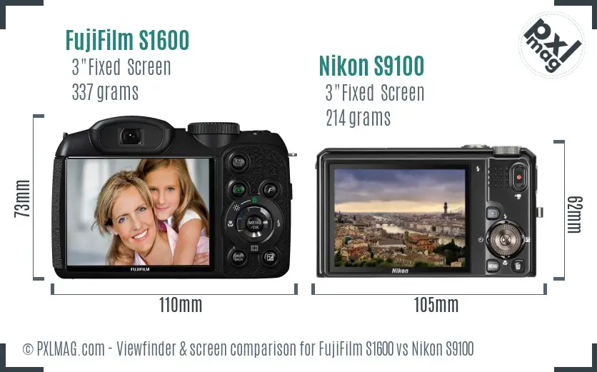 FujiFilm S1600 vs Nikon S9100 Screen and Viewfinder comparison