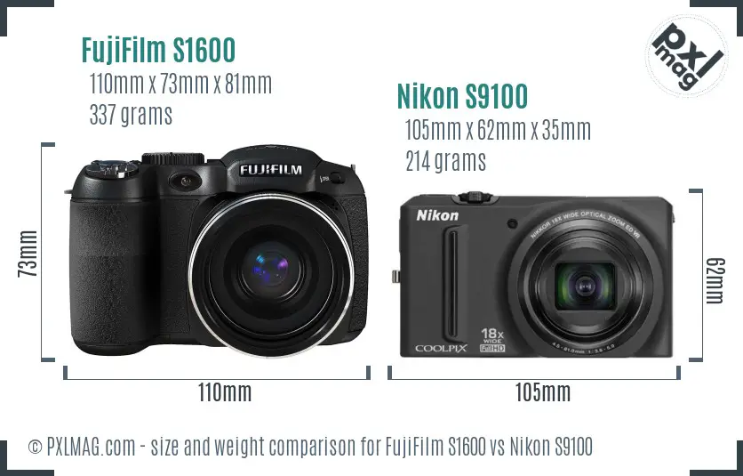 FujiFilm S1600 vs Nikon S9100 size comparison