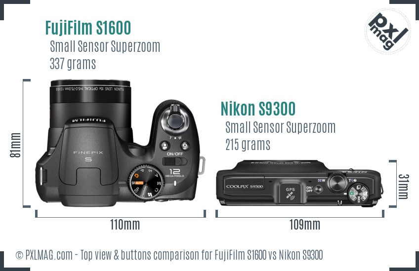 FujiFilm S1600 vs Nikon S9300 top view buttons comparison