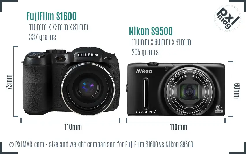 FujiFilm S1600 vs Nikon S9500 size comparison FujiFilm S1600 vs Nikon S9500 size comparison