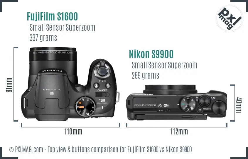 FujiFilm S1600 vs Nikon S9900 top view buttons comparison
