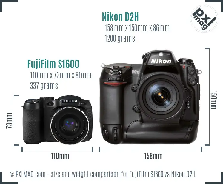 FujiFilm S1600 vs Nikon D2H size comparison