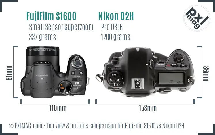 FujiFilm S1600 vs Nikon D2H top view buttons comparison