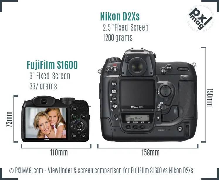 FujiFilm S1600 vs Nikon D2Xs Screen and Viewfinder comparison