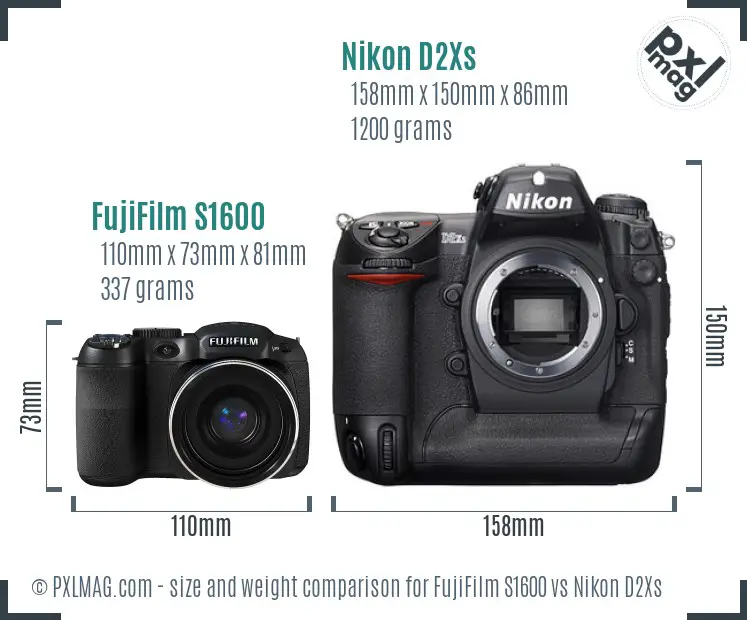 FujiFilm S1600 vs Nikon D2Xs size comparison