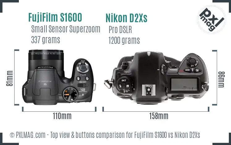 FujiFilm S1600 vs Nikon D2Xs top view buttons comparison