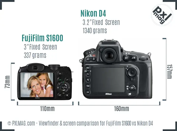 FujiFilm S1600 vs Nikon D4 Screen and Viewfinder comparison