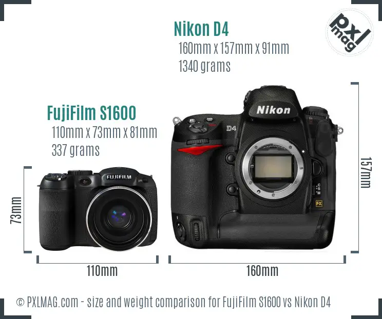 FujiFilm S1600 vs Nikon D4 size comparison