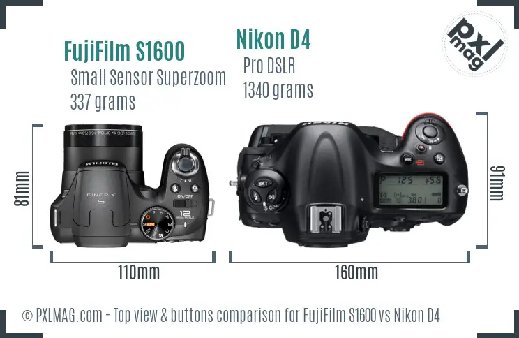 FujiFilm S1600 vs Nikon D4 top view buttons comparison