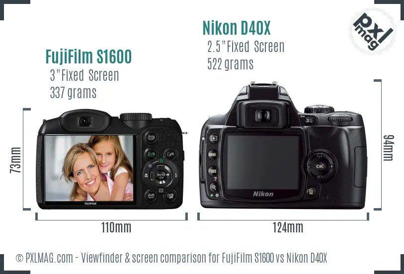 FujiFilm S1600 vs Nikon D40X Screen and Viewfinder comparison