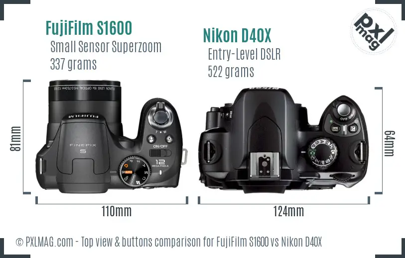 FujiFilm S1600 vs Nikon D40X top view buttons comparison