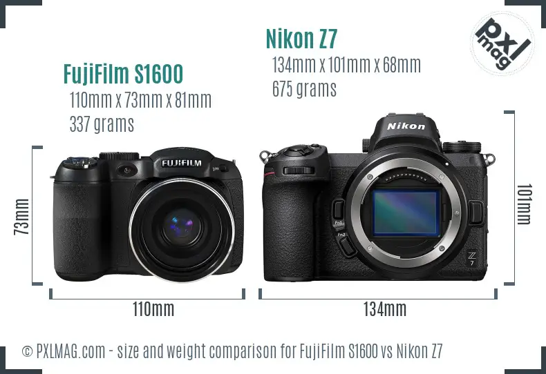 FujiFilm S1600 vs Nikon Z7 size comparison