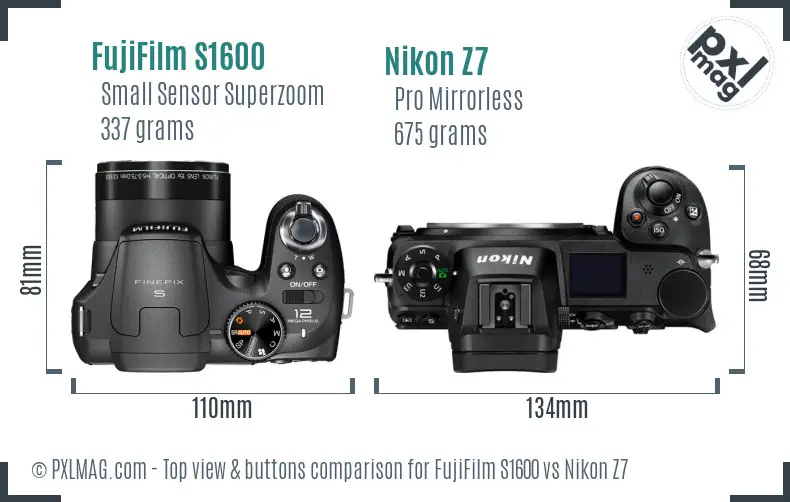 FujiFilm S1600 vs Nikon Z7 top view buttons comparison