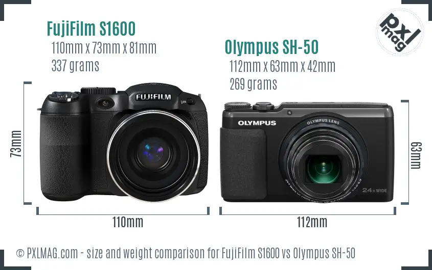 FujiFilm S1600 vs Olympus SH-50 size comparison