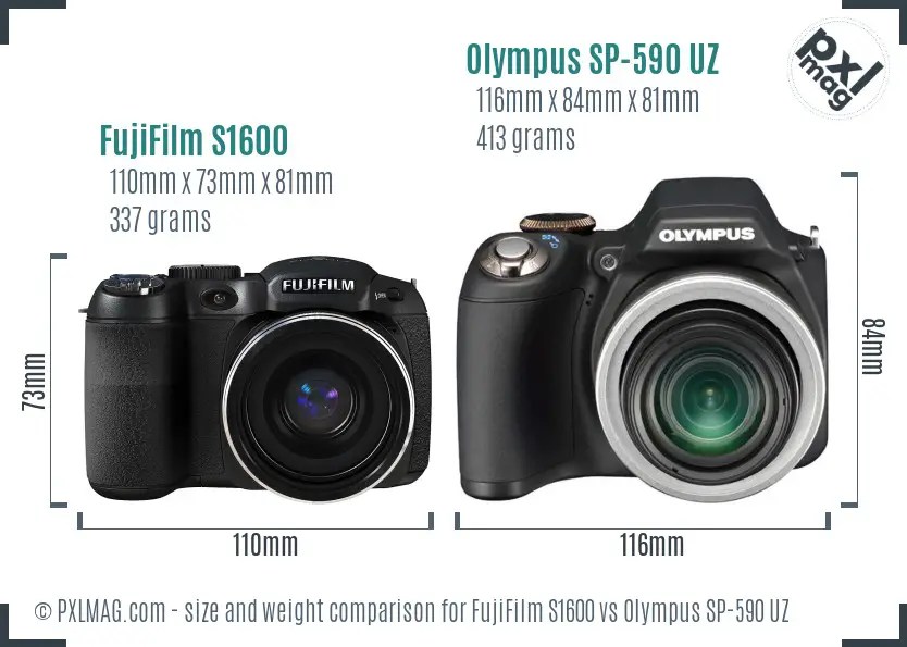 FujiFilm S1600 vs Olympus SP-590 UZ size comparison