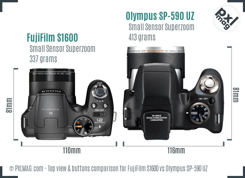 FujiFilm S1600 vs Olympus SP-590 UZ top view buttons comparison