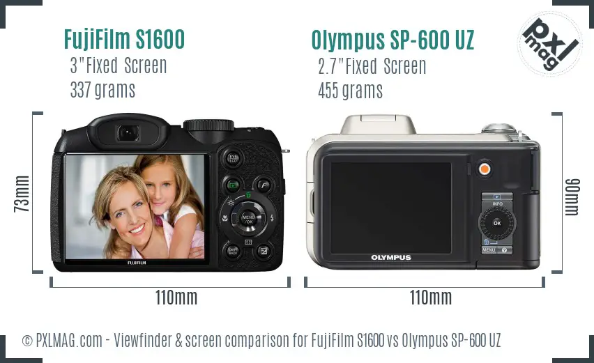 FujiFilm S1600 vs Olympus SP-600 UZ Screen and Viewfinder comparison