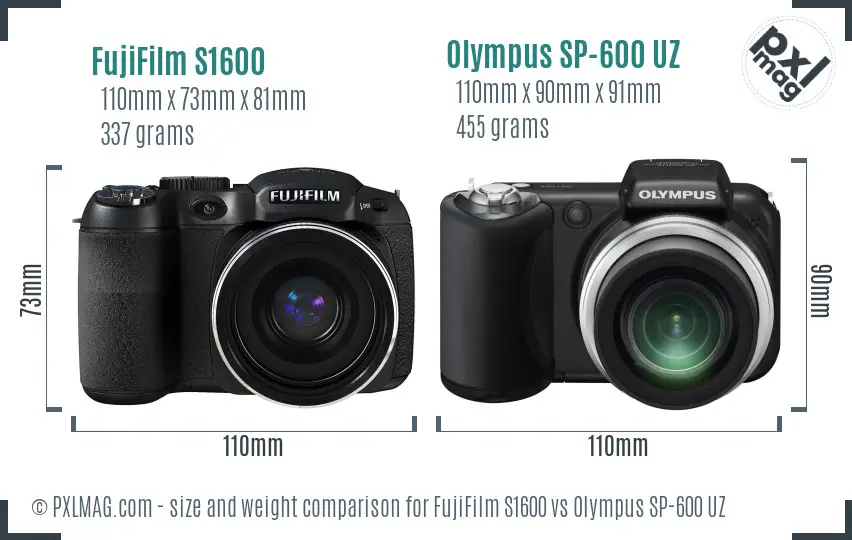 FujiFilm S1600 vs Olympus SP-600 UZ size comparison