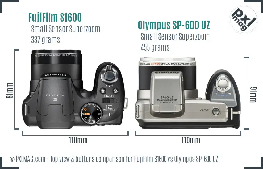 FujiFilm S1600 vs Olympus SP-600 UZ top view buttons comparison