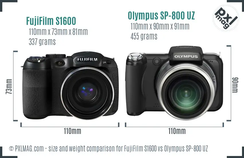 FujiFilm S1600 vs Olympus SP-800 UZ size comparison FujiFilm S1600 vs Olympus SP-800 UZ size comparison