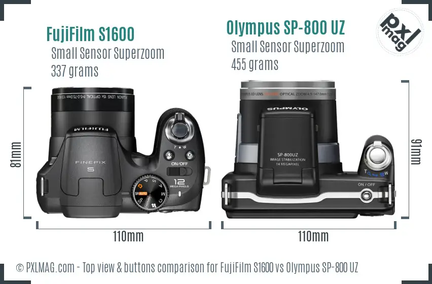 FujiFilm S1600 vs Olympus SP-800 UZ top view buttons comparison FujiFilm S1600 vs Olympus SP-800 UZ top view buttons comparison