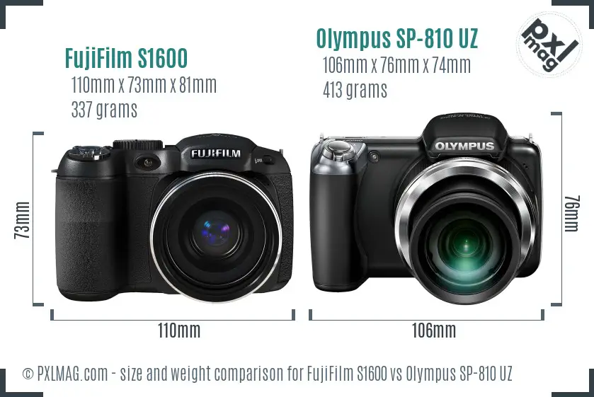 FujiFilm S1600 vs Olympus SP-810 UZ size comparison FujiFilm S1600 vs Olympus SP-810 UZ size comparison