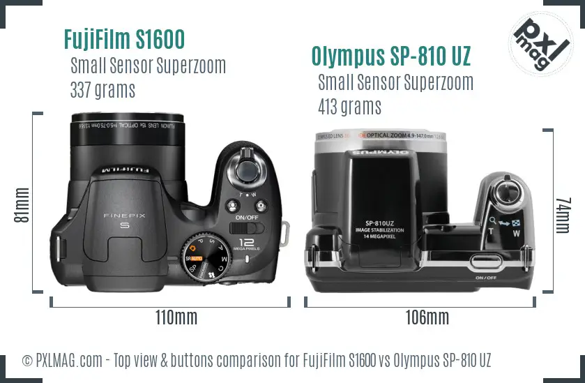 FujiFilm S1600 vs Olympus SP-810 UZ top view buttons comparison FujiFilm S1600 vs Olympus SP-810 UZ top view buttons comparison
