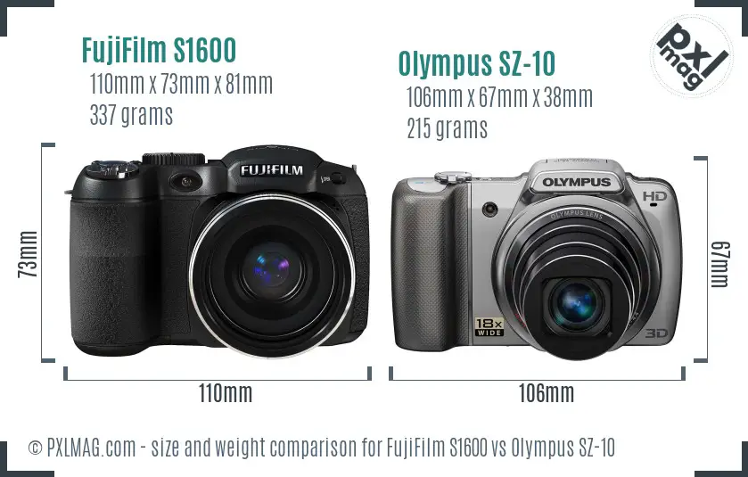 FujiFilm S1600 vs Olympus SZ-10 size comparison