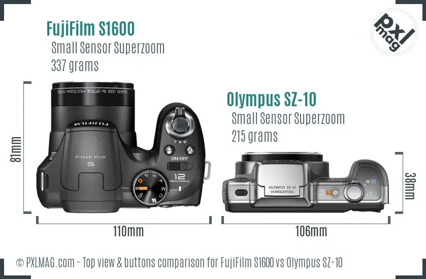 FujiFilm S1600 vs Olympus SZ-10 top view buttons comparison